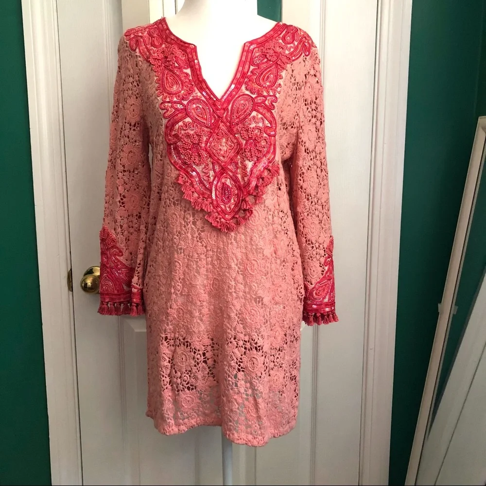 Calypso St. Barth’s tunic dress, peach/coral embroidered sequin & tassels S